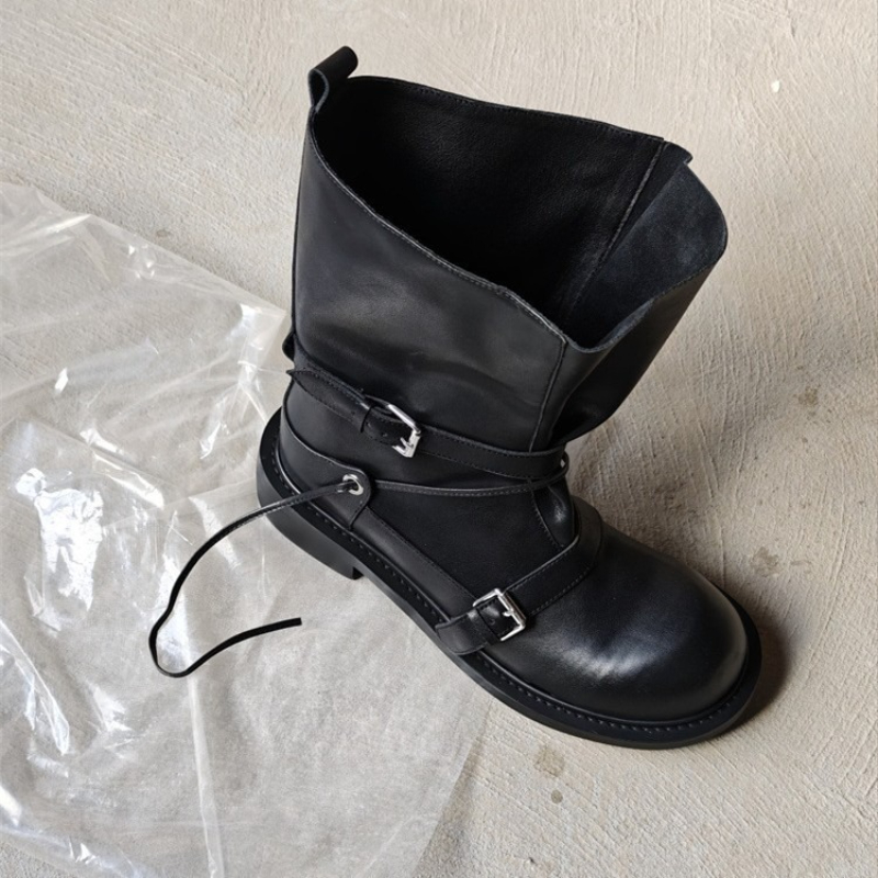 Leather Classic Strap - Bottes mi-mollet à boucle rétro pour